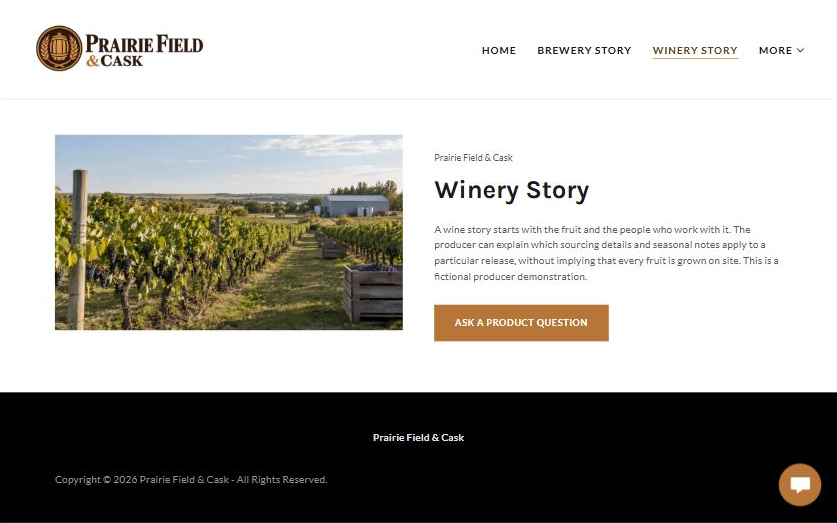 Captured first-screen Winery Story example