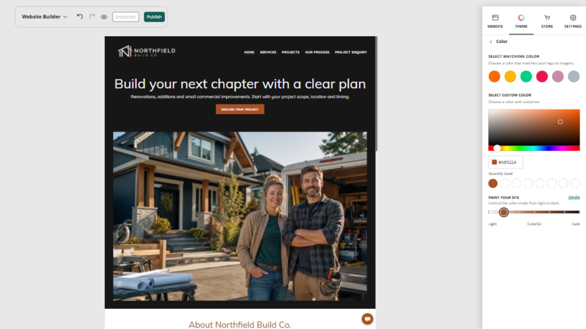 Northfield Build Co. desktop Paint your site position 2: Dark header with a light content section