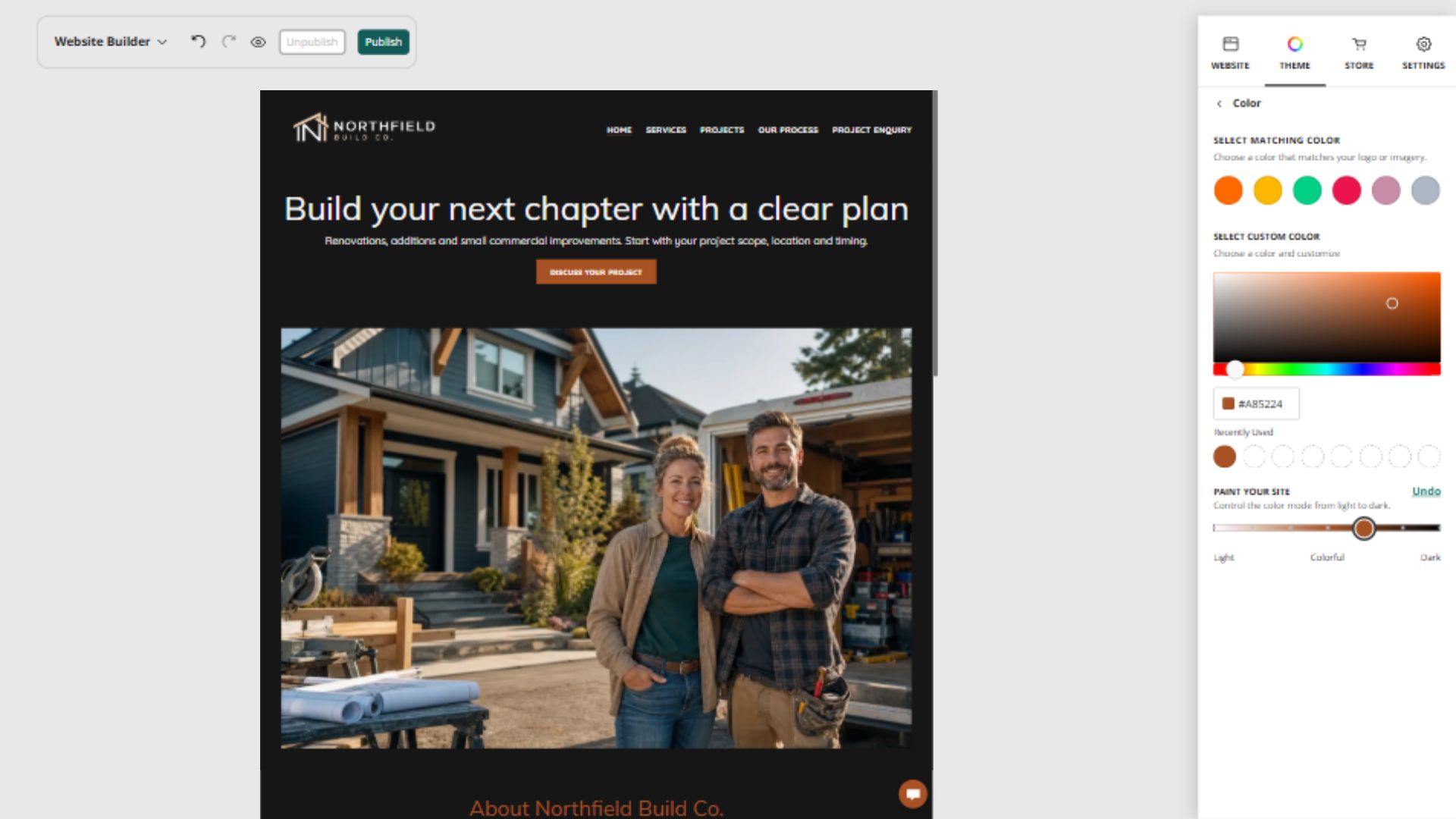 Northfield Build Co. desktop Paint your site position 5: Dark with copper accents