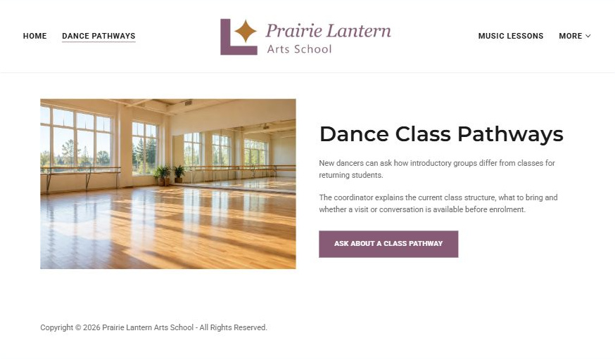 Captured first-screen Dance Class Pathways example