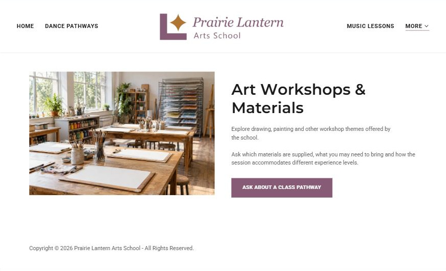 Captured first-screen Art Workshops & Materials example