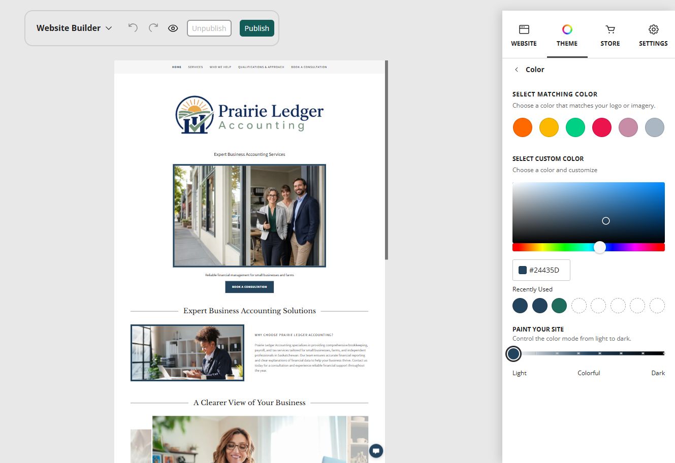 Prairie Ledger Accounting home page beside colour and Paint your site controls