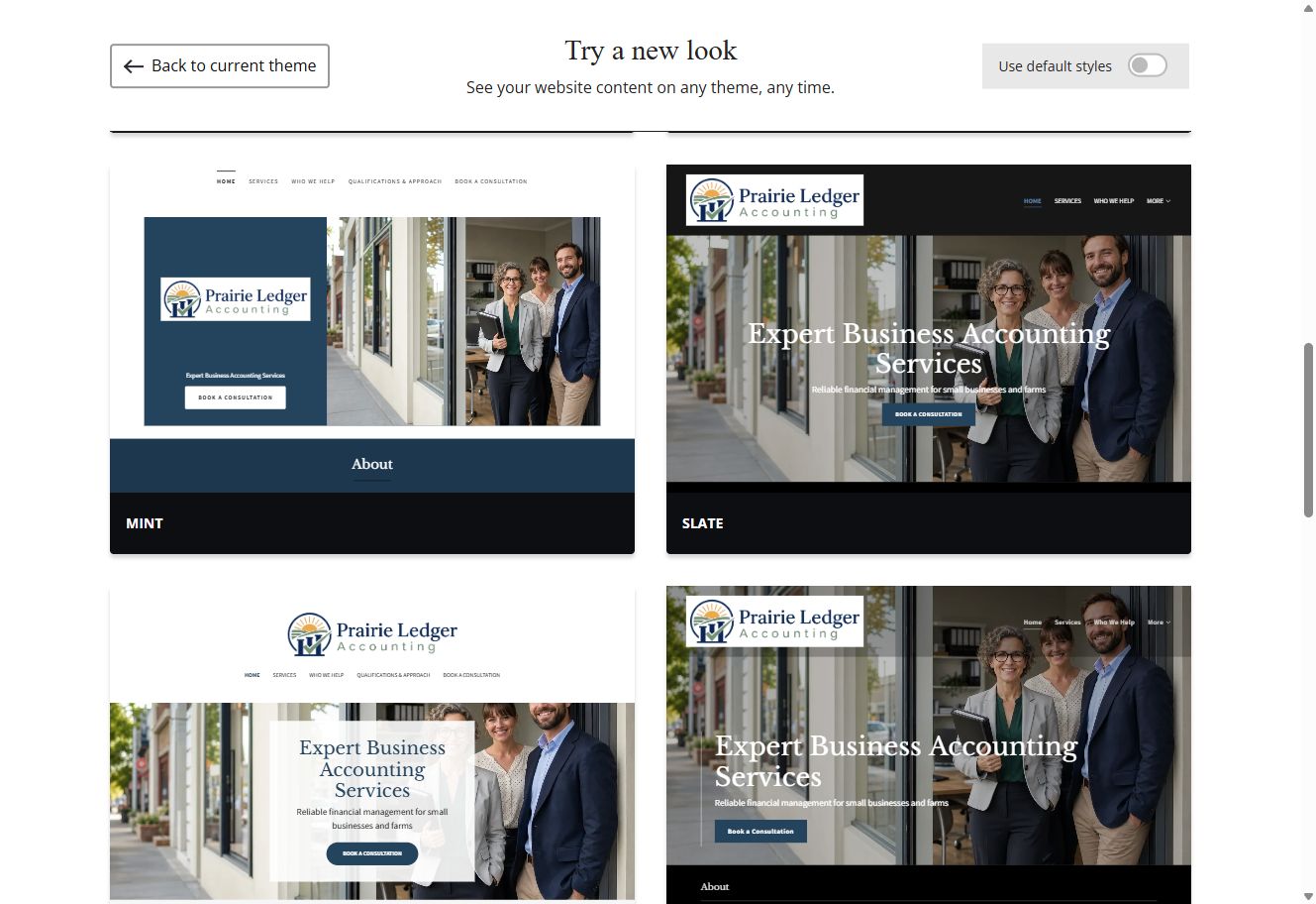 Mint and Slate theme previews for Prairie Ledger Accounting with default styles switched off