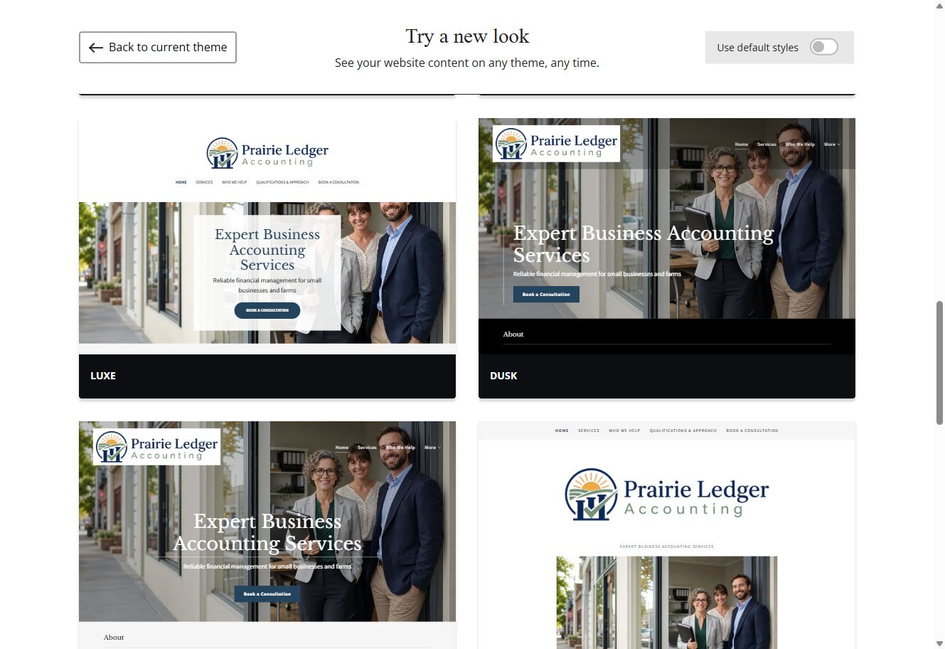 Luxe and Dusk theme previews for Prairie Ledger Accounting with default styles switched off