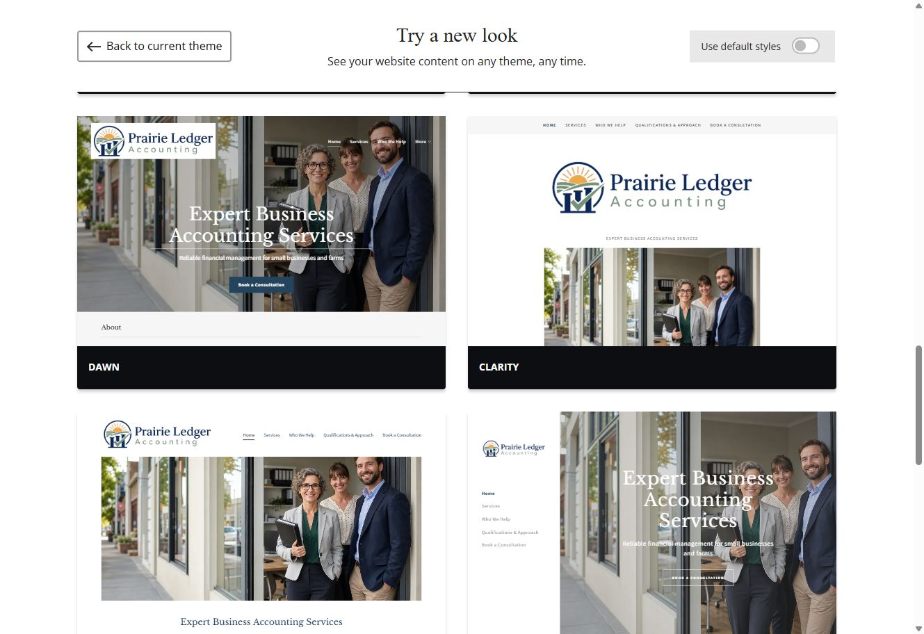 Dawn and Clarity theme previews for Prairie Ledger Accounting with default styles switched off