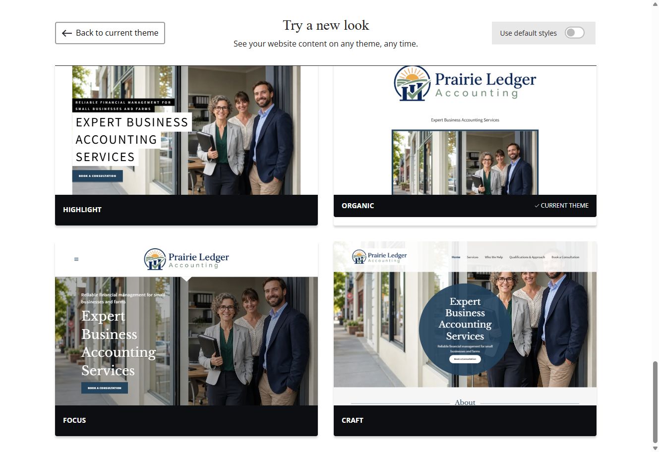 Focus and Craft theme previews for Prairie Ledger Accounting with default styles switched off