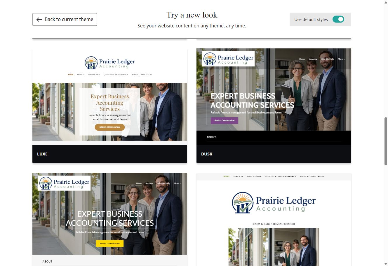 Luxe and Dusk theme previews for Prairie Ledger Accounting with default styles switched on