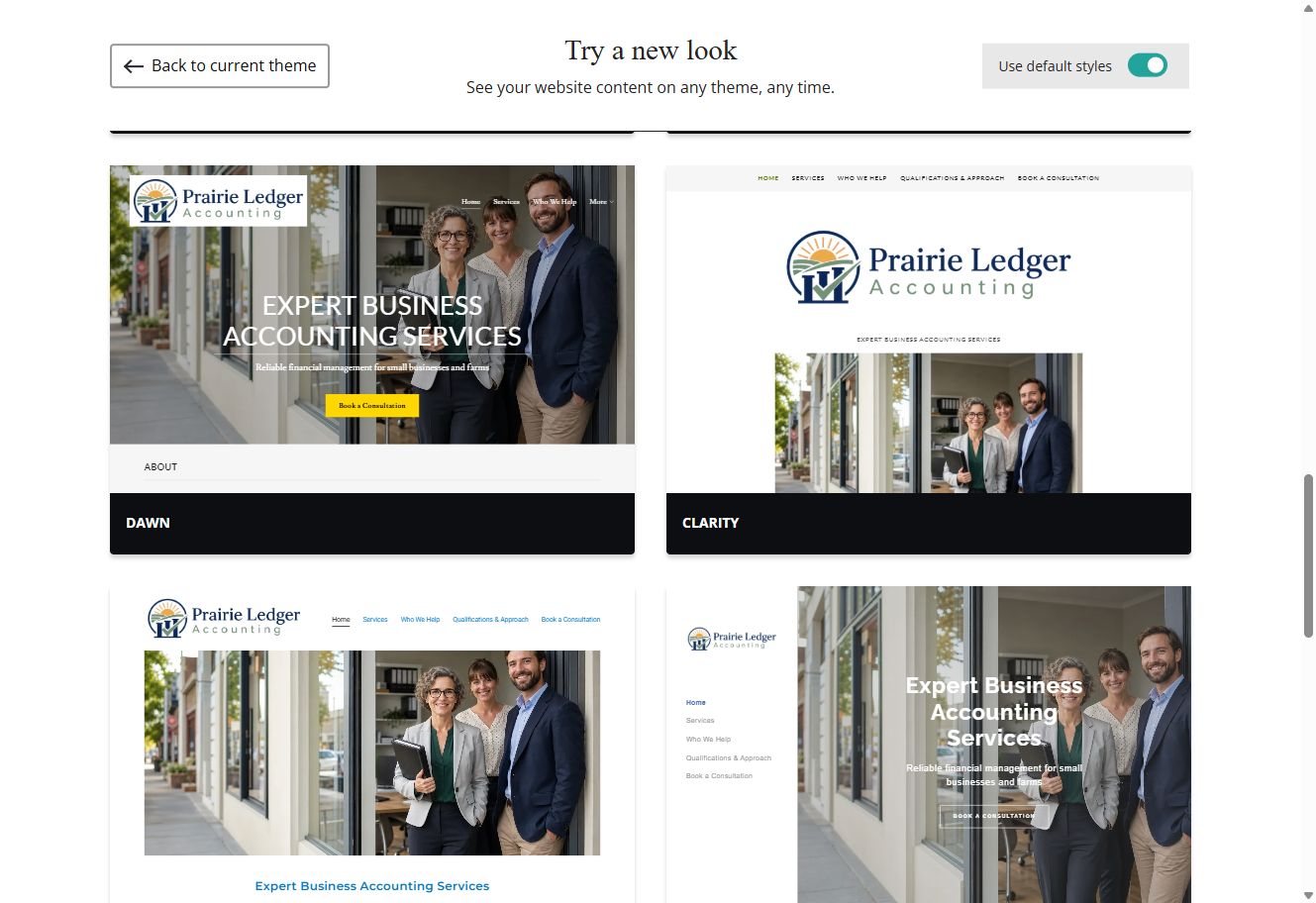 Dawn and Clarity theme previews for Prairie Ledger Accounting with default styles switched on