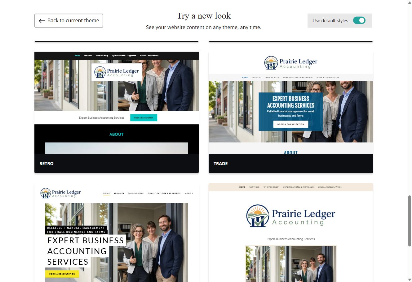 Retro and Trade theme previews for Prairie Ledger Accounting with default styles switched on