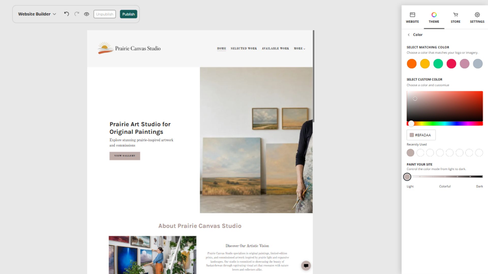 Prairie Canvas Studio desktop Paint controls at position 1: Light