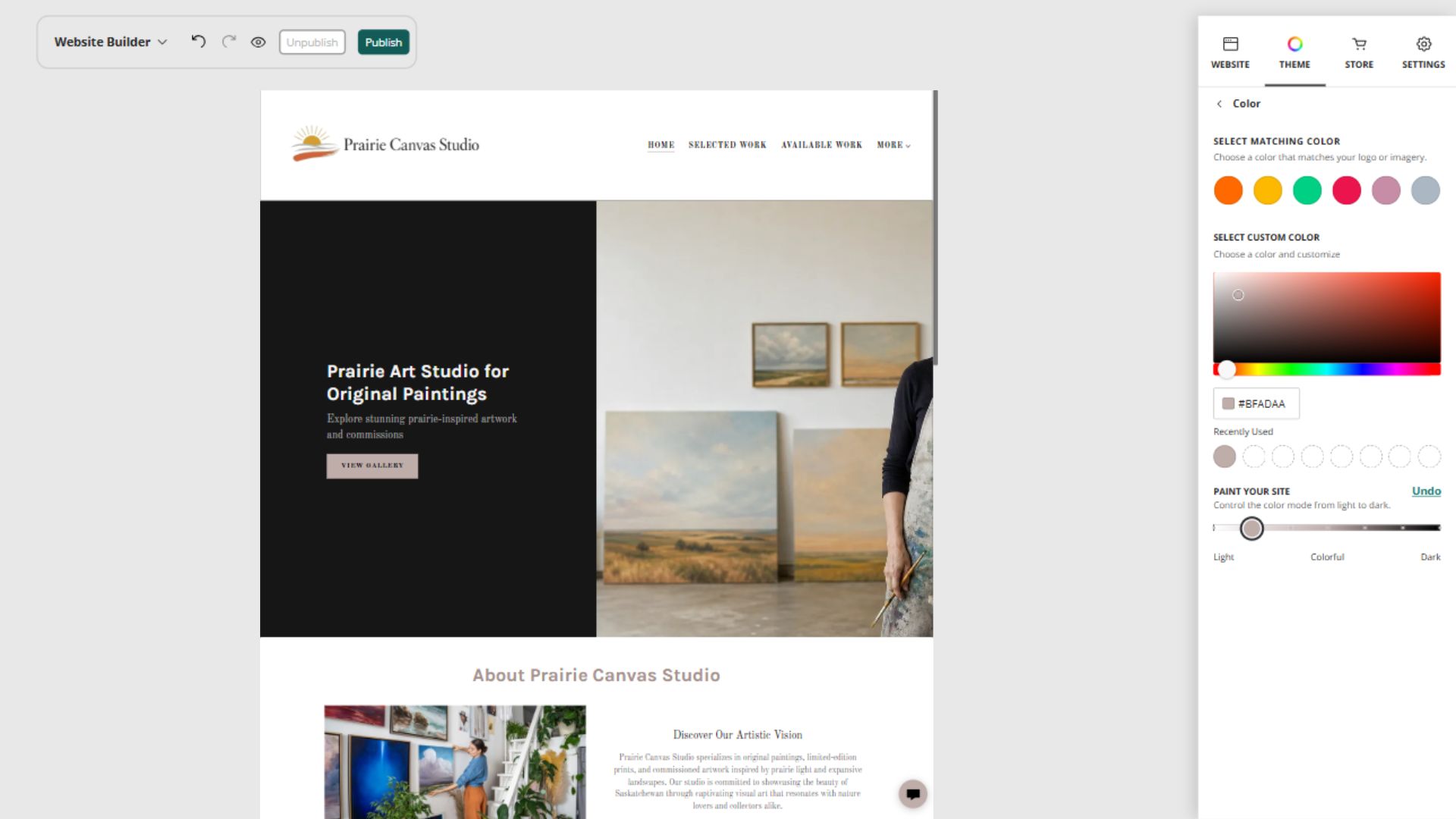 Prairie Canvas Studio desktop Paint controls at position 2: Light with contrast