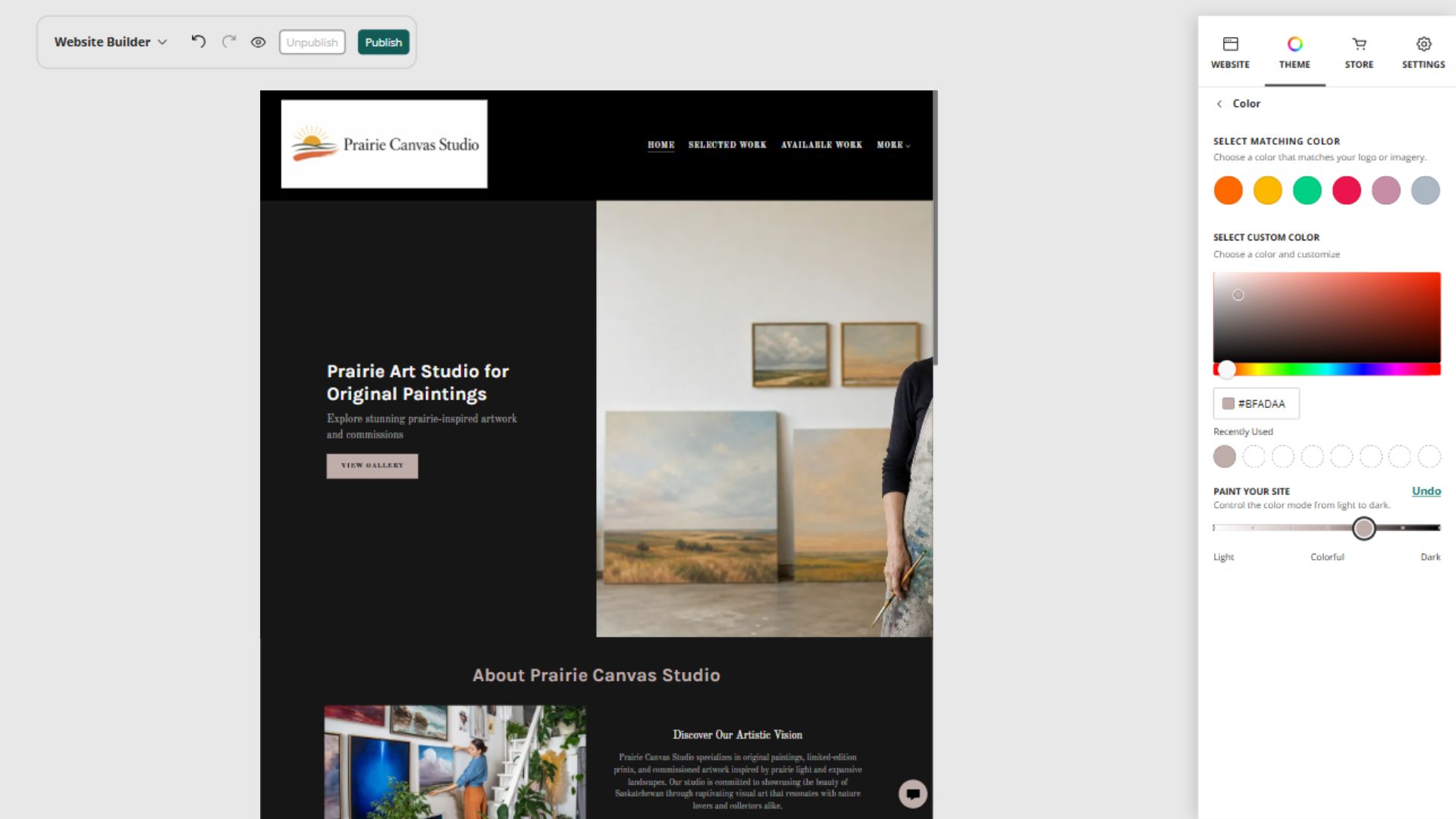 Prairie Canvas Studio desktop Paint controls at position 5: Dark with colour