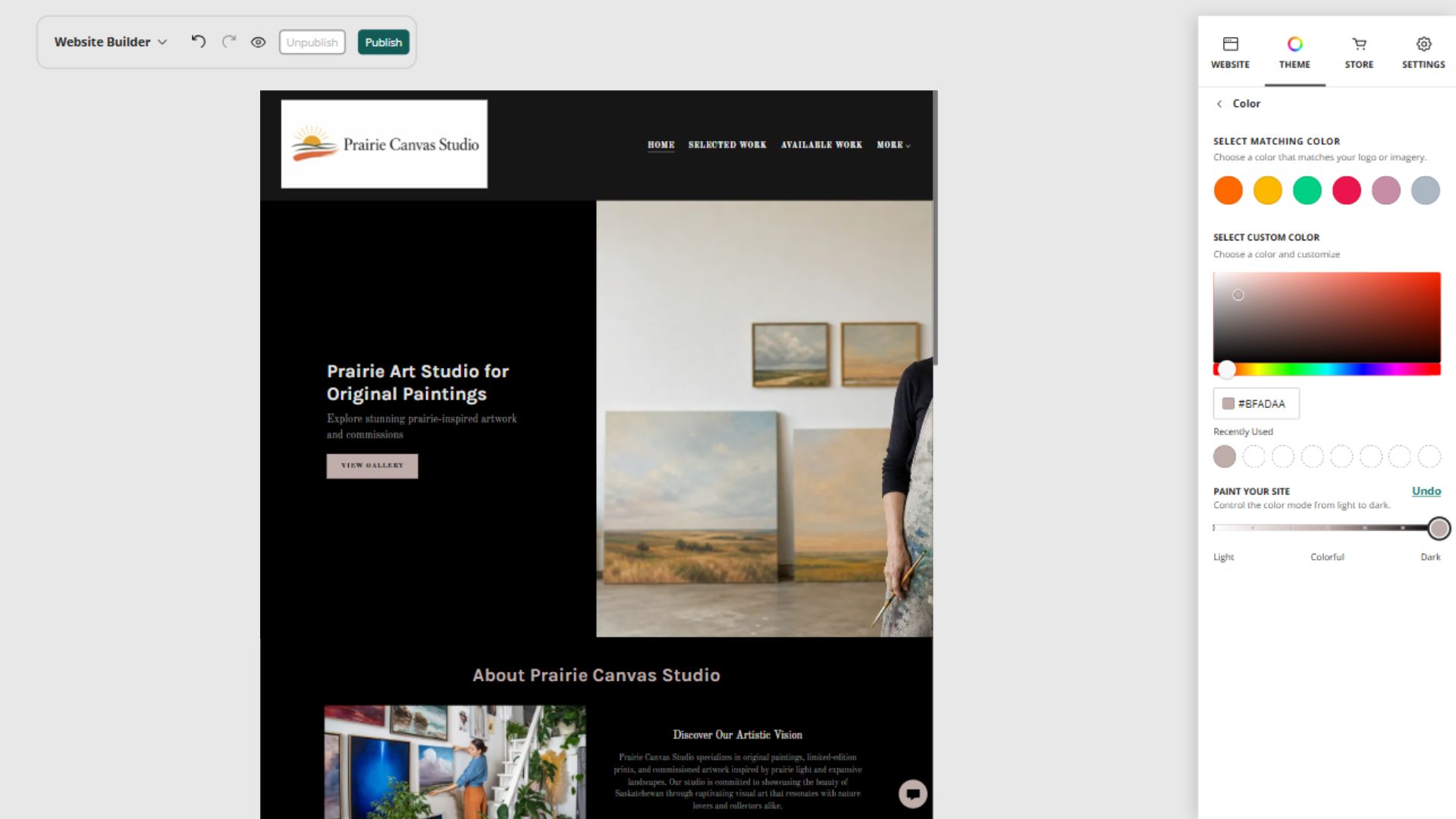 Prairie Canvas Studio desktop Paint controls at position 7: Dark