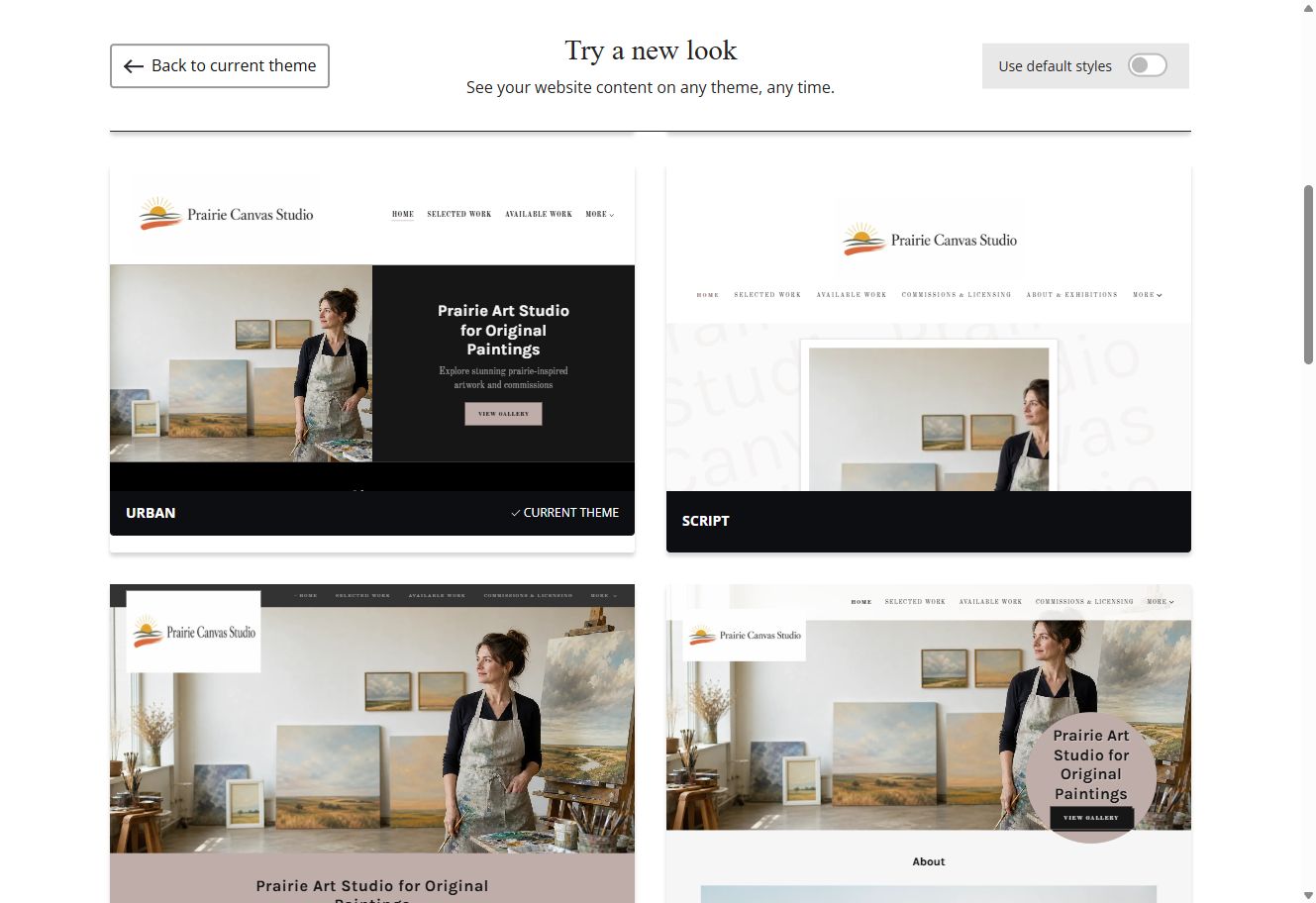 Urban and Script theme previews for Prairie Canvas Studio with default styles switched off