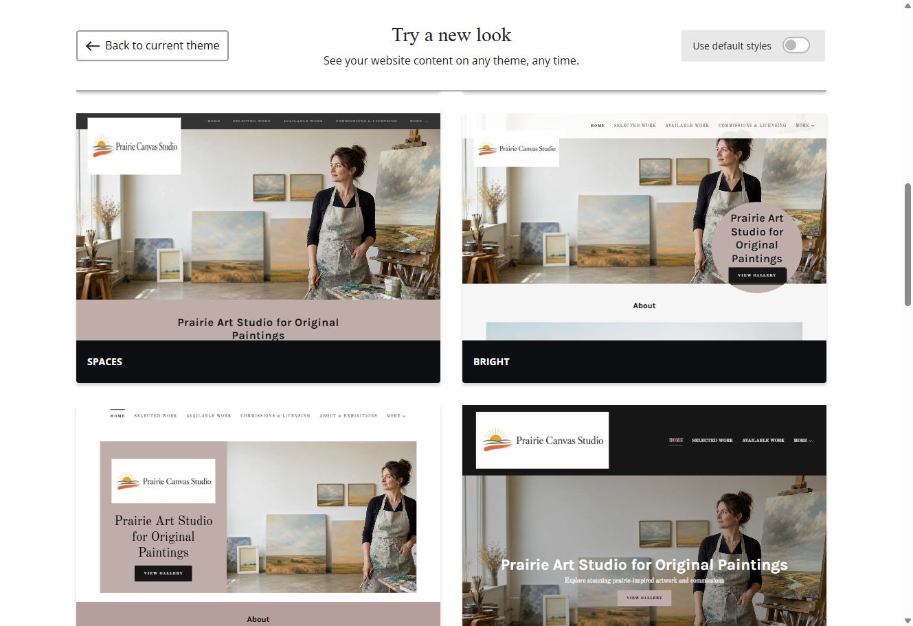 Spaces and Bright theme previews for Prairie Canvas Studio with default styles switched off