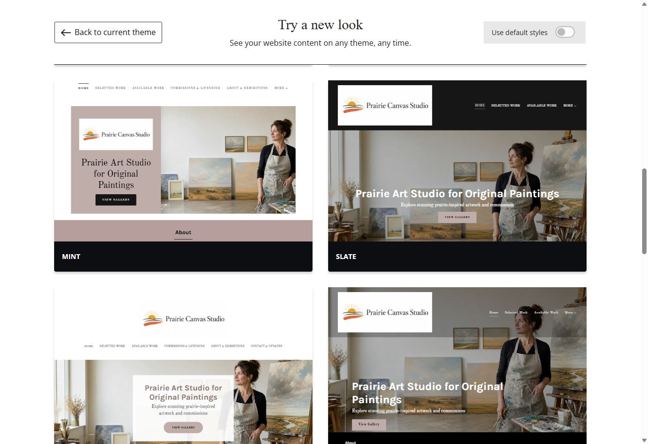 Mint and Slate theme previews for Prairie Canvas Studio with default styles switched off