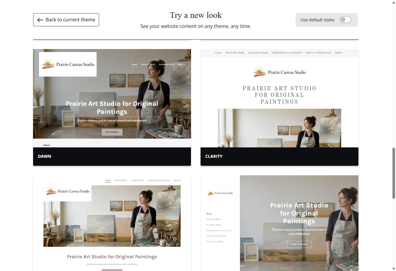 Dawn and Clarity theme previews for Prairie Canvas Studio with default styles switched off