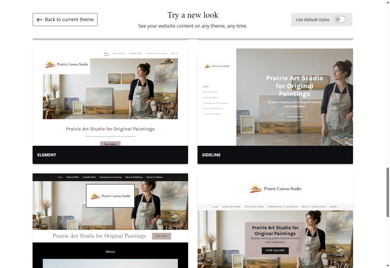 Element and Sideline theme previews for Prairie Canvas Studio with default styles switched off