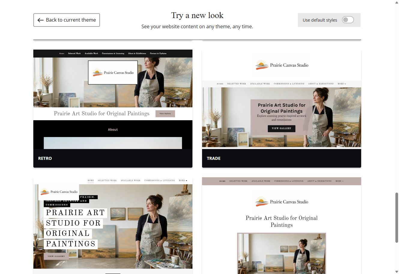 Retro and Trade theme previews for Prairie Canvas Studio with default styles switched off