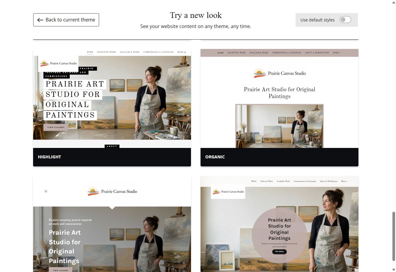 Highlight and Organic theme previews for Prairie Canvas Studio with default styles switched off