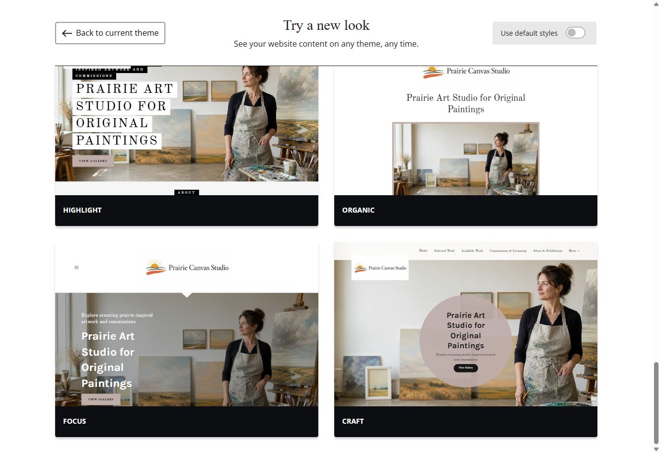 Focus and Craft theme previews for Prairie Canvas Studio with default styles switched off