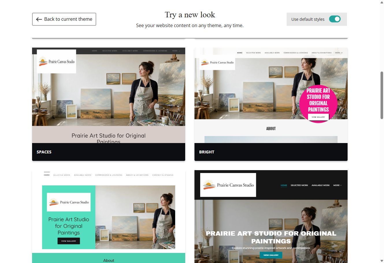 Spaces and Bright theme previews for Prairie Canvas Studio with default styles switched on