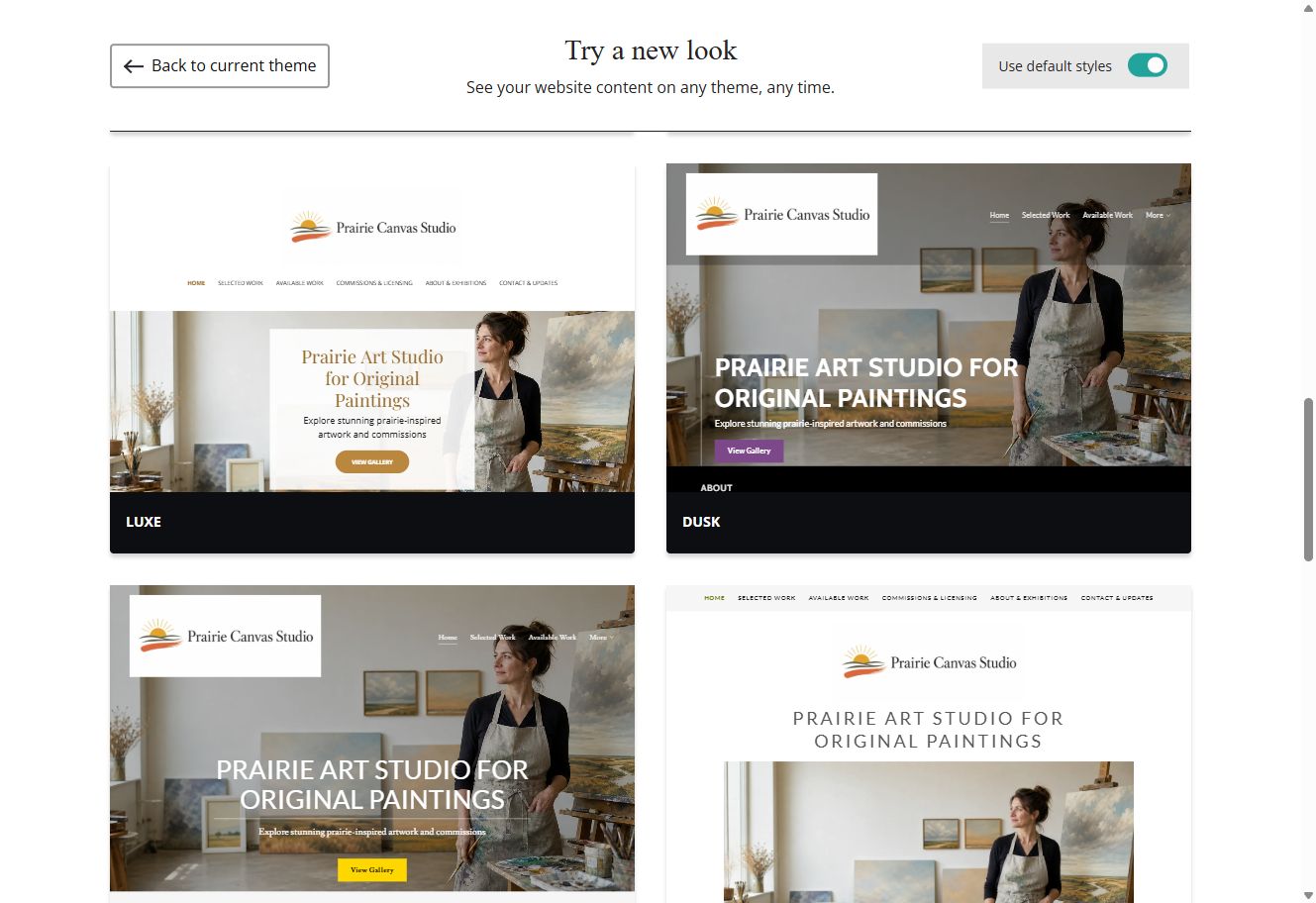 Luxe and Dusk theme previews for Prairie Canvas Studio with default styles switched on