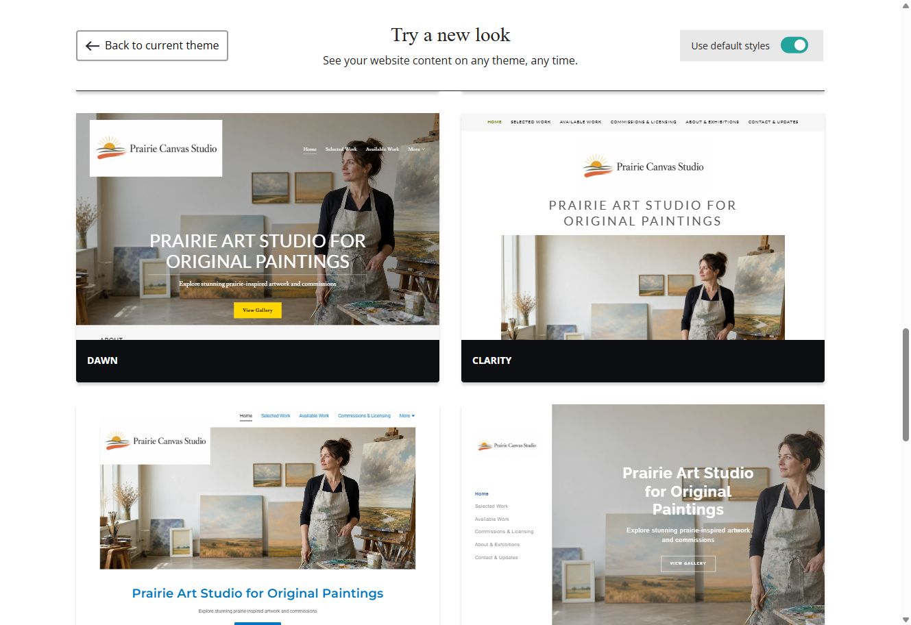 Dawn and Clarity theme previews for Prairie Canvas Studio with default styles switched on