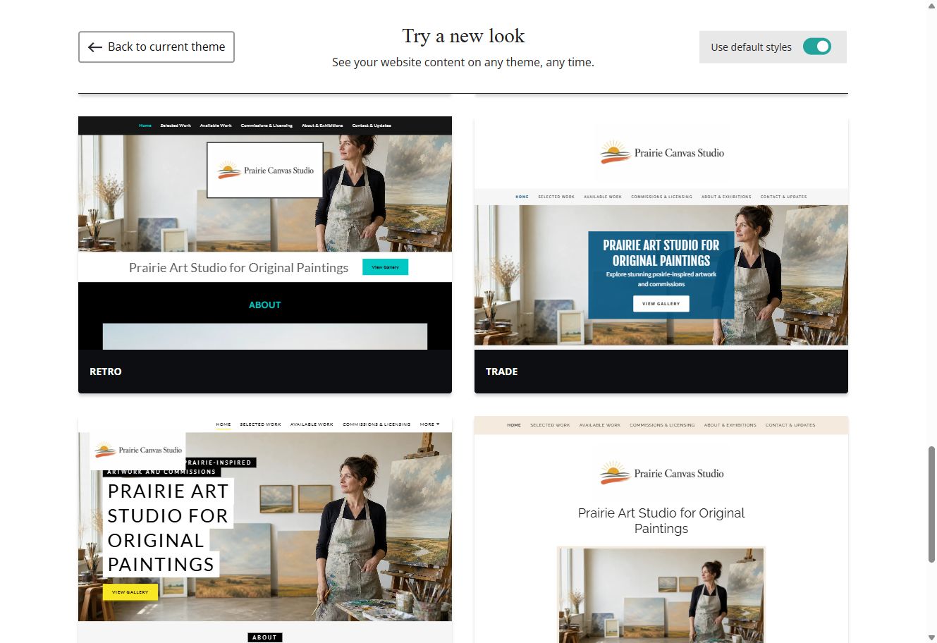 Retro and Trade theme previews for Prairie Canvas Studio with default styles switched on