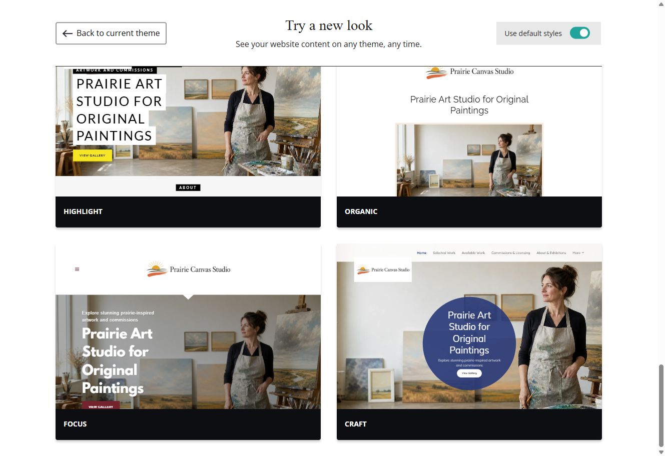 Focus and Craft theme previews for Prairie Canvas Studio with default styles switched on