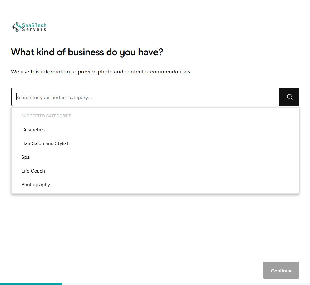 Website Builder setup asking for the Prairie Canvas Studio business category