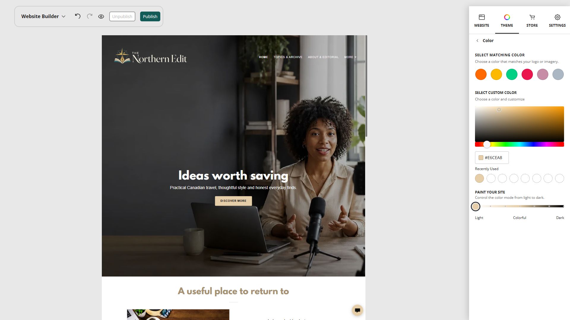 The Northern Edit desktop editor beside colour and Paint your site controls