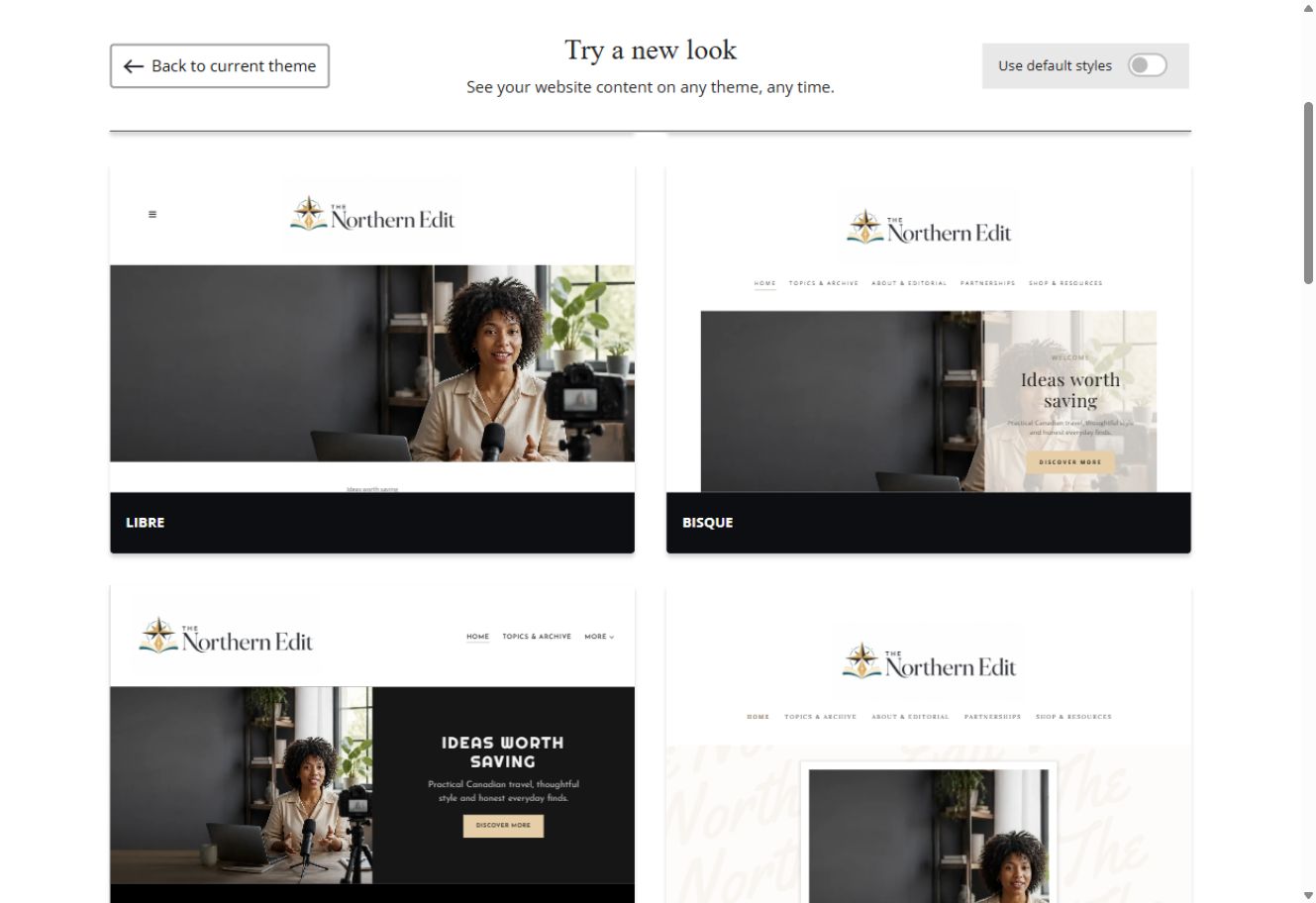 Libre and Bisque theme previews for The Northern Edit with default styles switched off