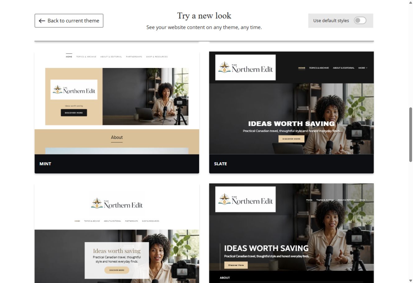 Mint and Slate theme previews for The Northern Edit with default styles switched off