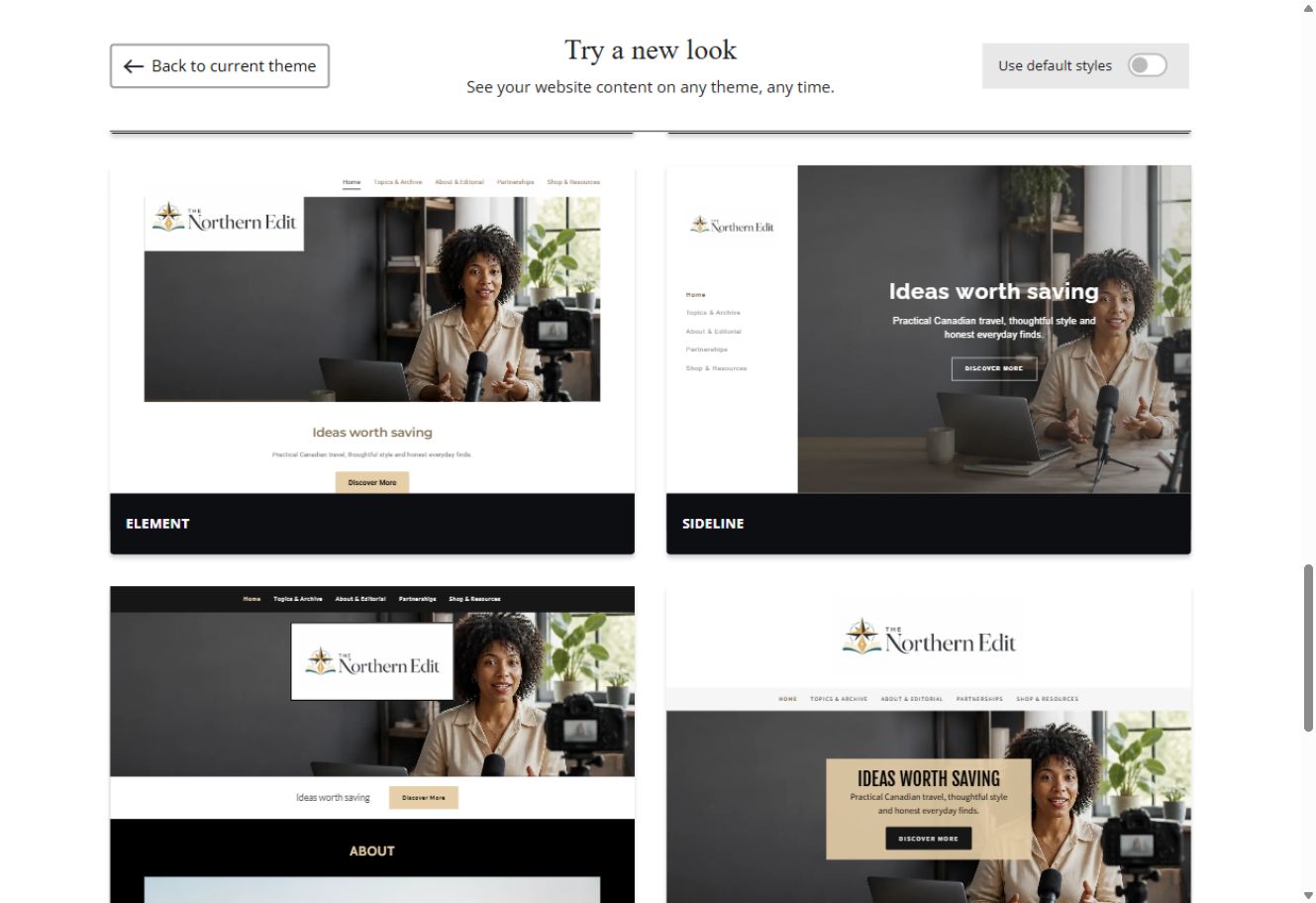 Element and Sideline theme previews for The Northern Edit with default styles switched off
