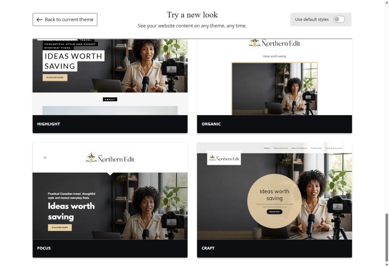 Focus and Craft theme previews for The Northern Edit with default styles switched off