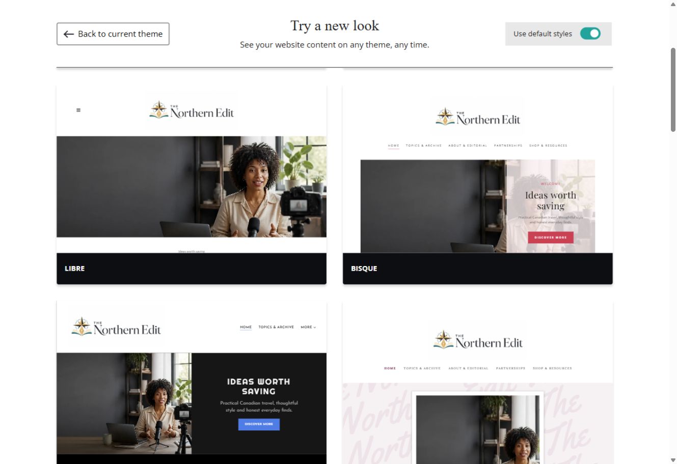 Libre and Bisque theme previews for The Northern Edit with default styles switched on