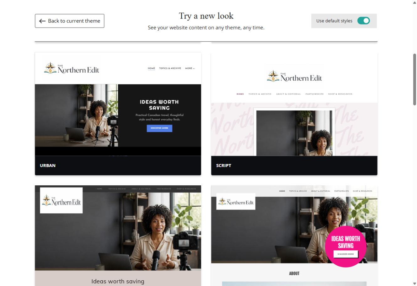 Urban and Script theme previews for The Northern Edit with default styles switched on