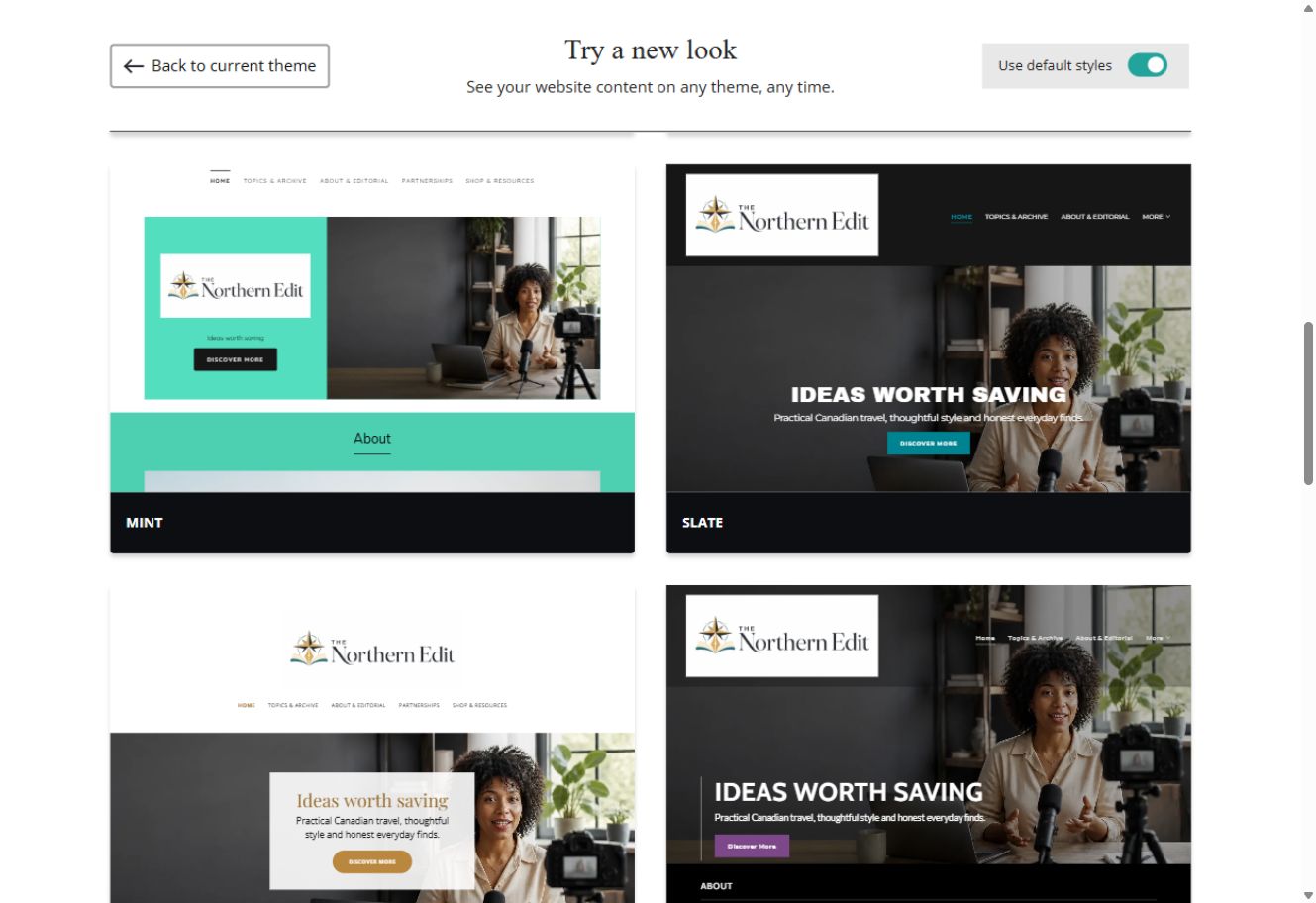 Mint and Slate theme previews for The Northern Edit with default styles switched on