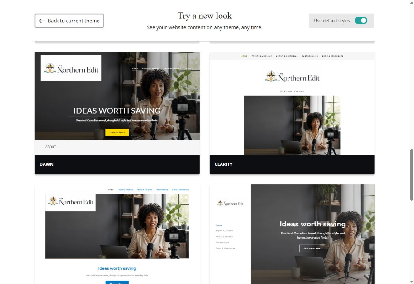 Dawn and Clarity theme previews for The Northern Edit with default styles switched on