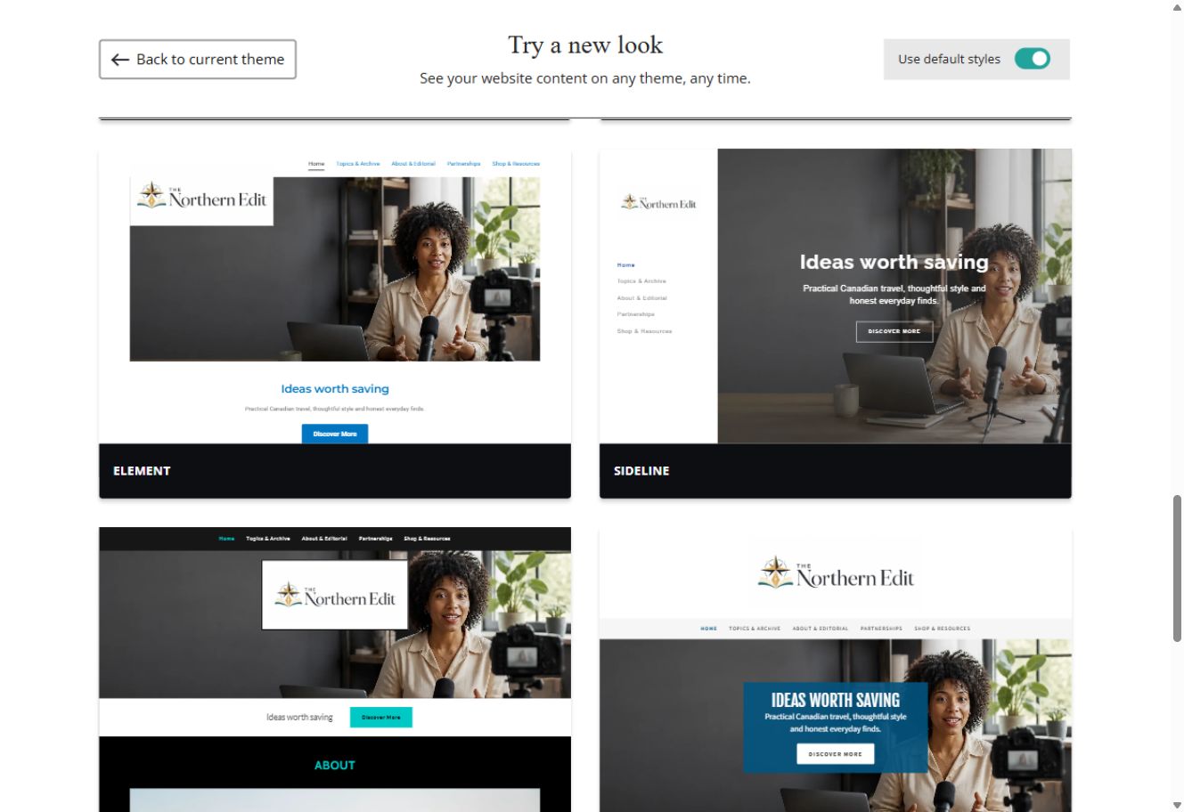 Element and Sideline theme previews for The Northern Edit with default styles switched on