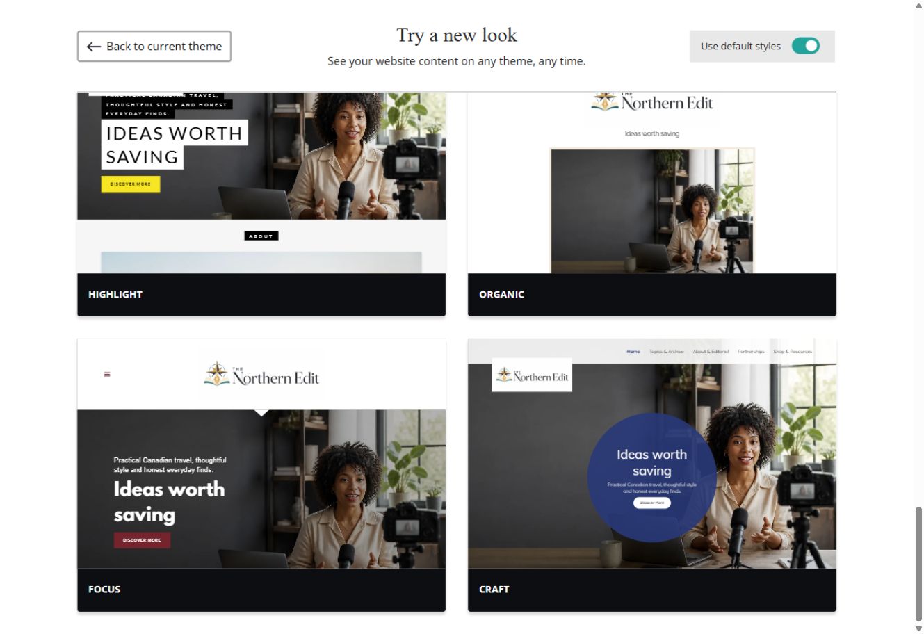 Focus and Craft theme previews for The Northern Edit with default styles switched on