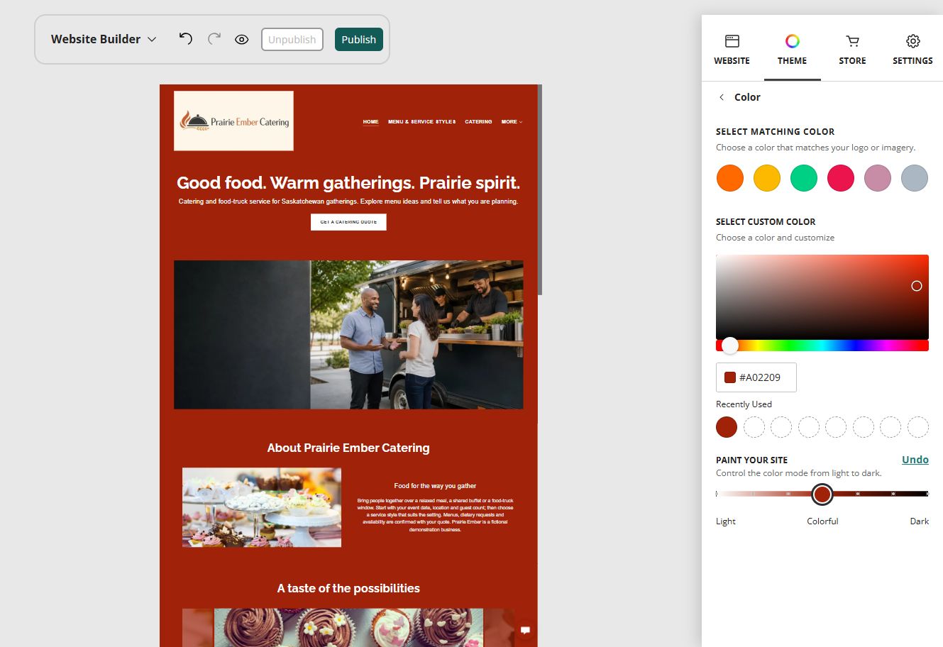 Prairie Ember Catering desktop home page and Paint your site controls at position 4: Colourful midpoint