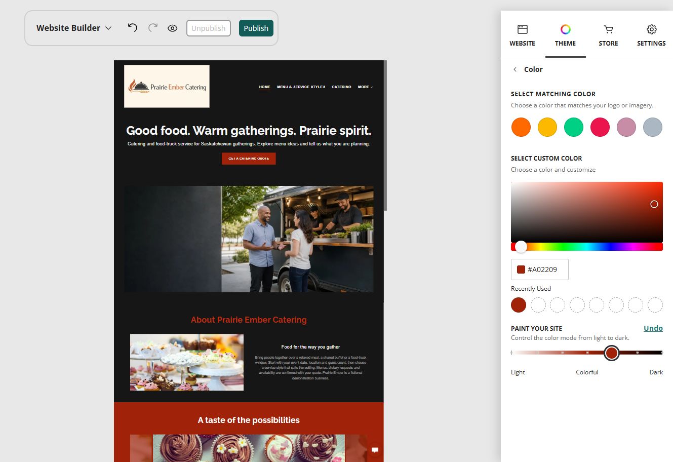 Prairie Ember Catering desktop home page and Paint your site controls at position 5: Dark with colour