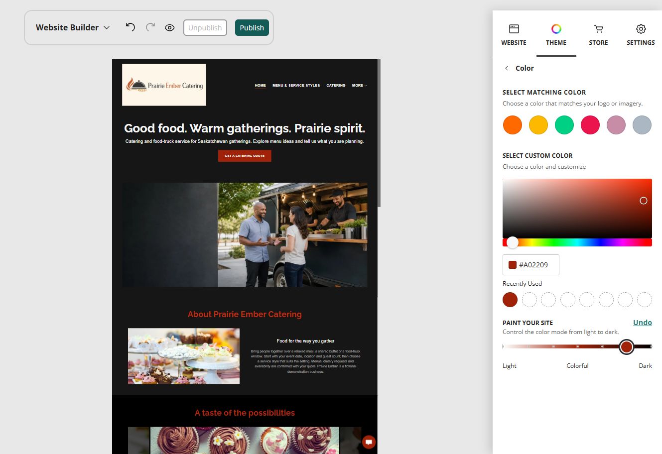 Prairie Ember Catering desktop home page and Paint your site controls at position 6: Dark balanced