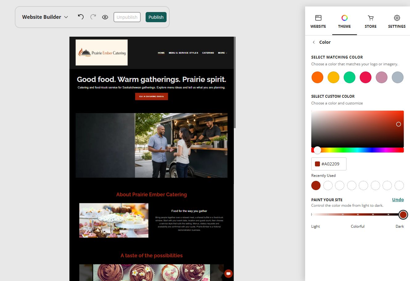 Prairie Ember Catering desktop home page and Paint your site controls at position 7: Dark