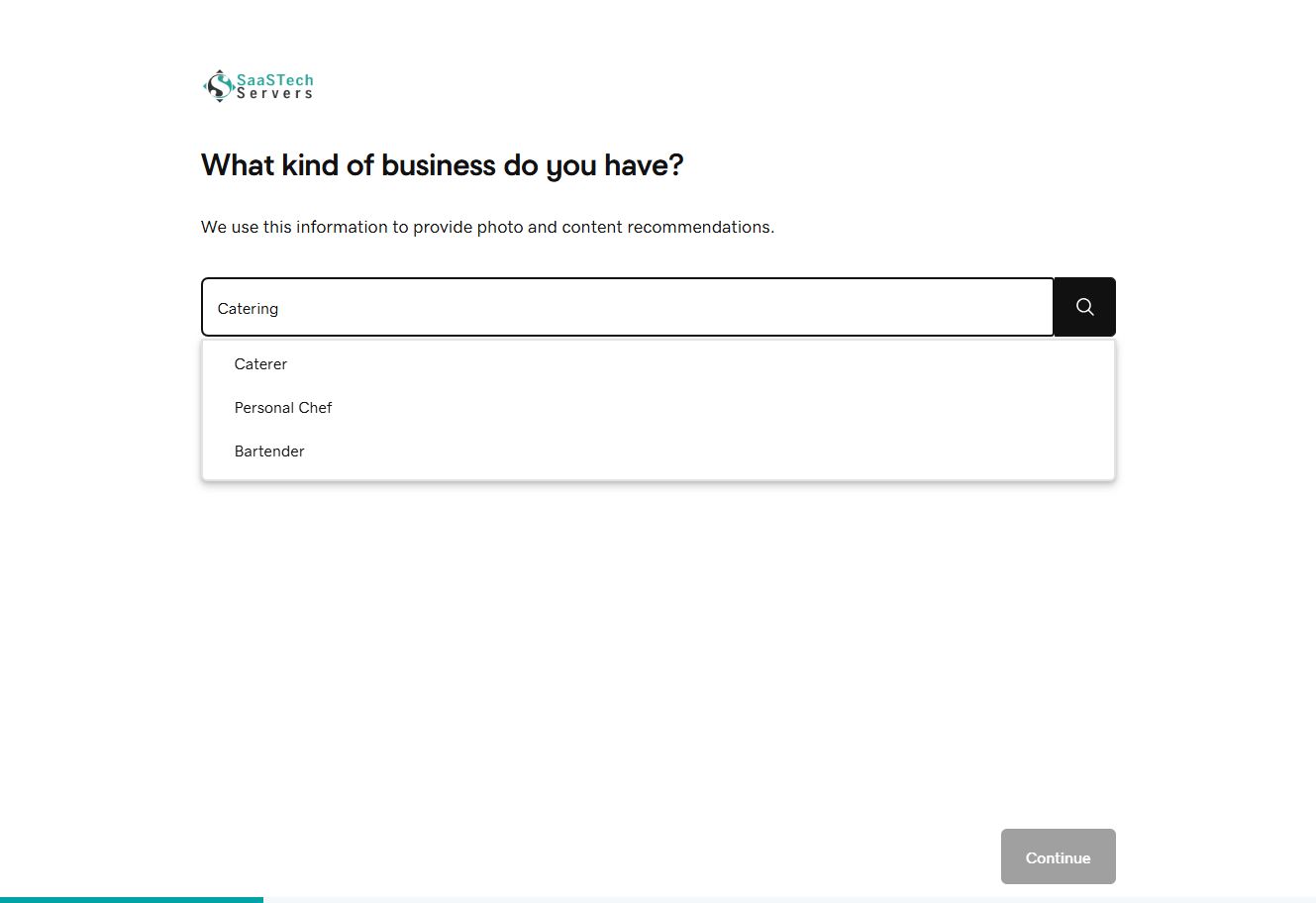 Website Builder setup showing catering category suggestions