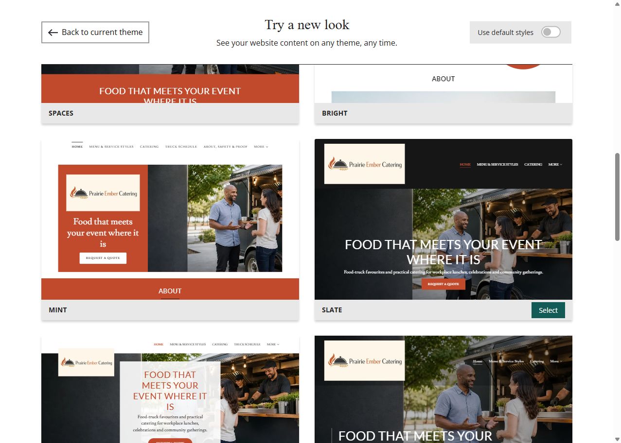 Prairie Ember selected-colour theme previews, set 3
