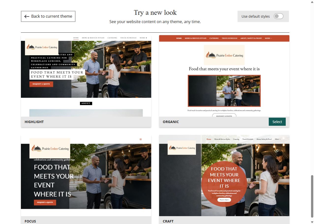 Prairie Ember selected-colour theme previews, set 6
