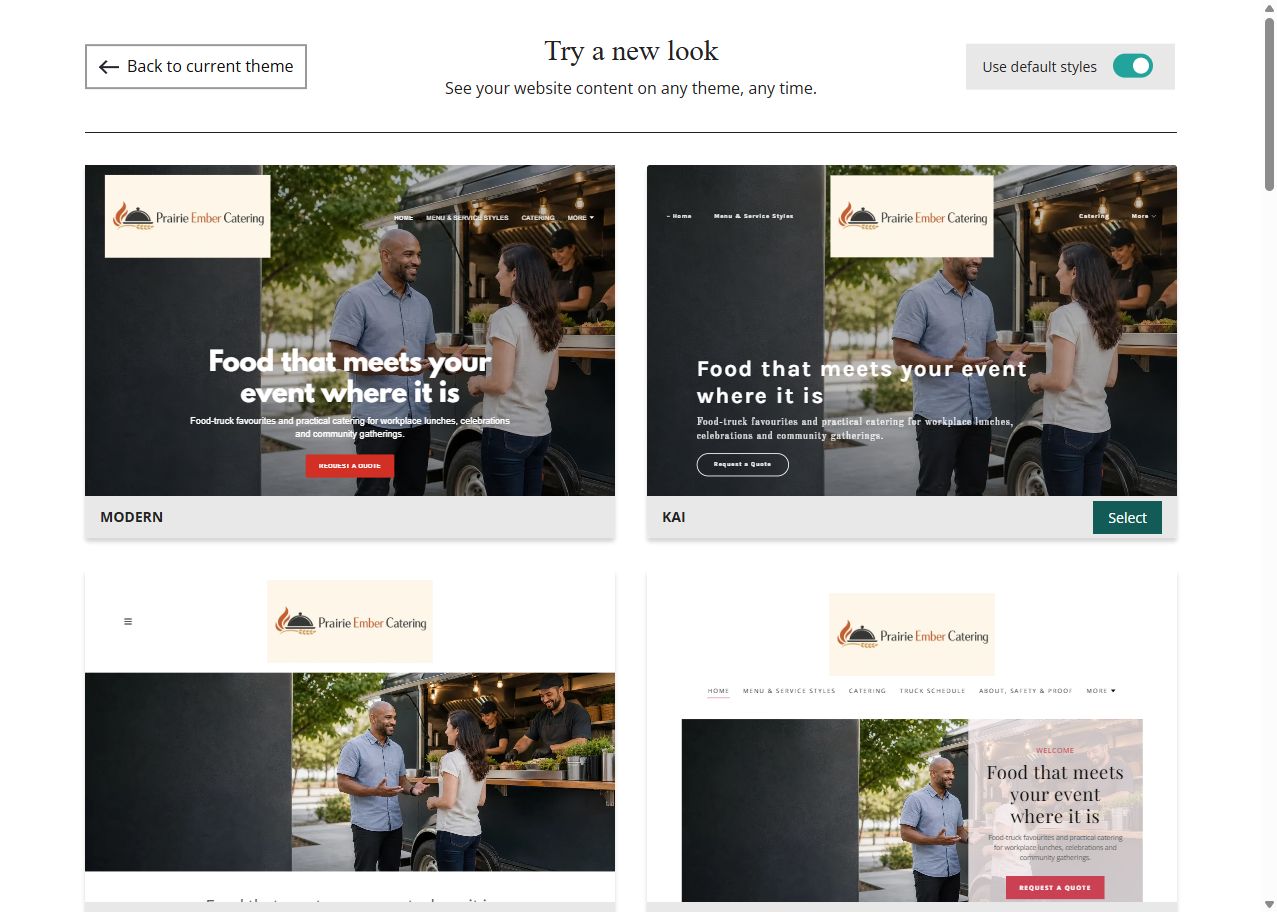 Prairie Ember default-style theme previews, set 1
